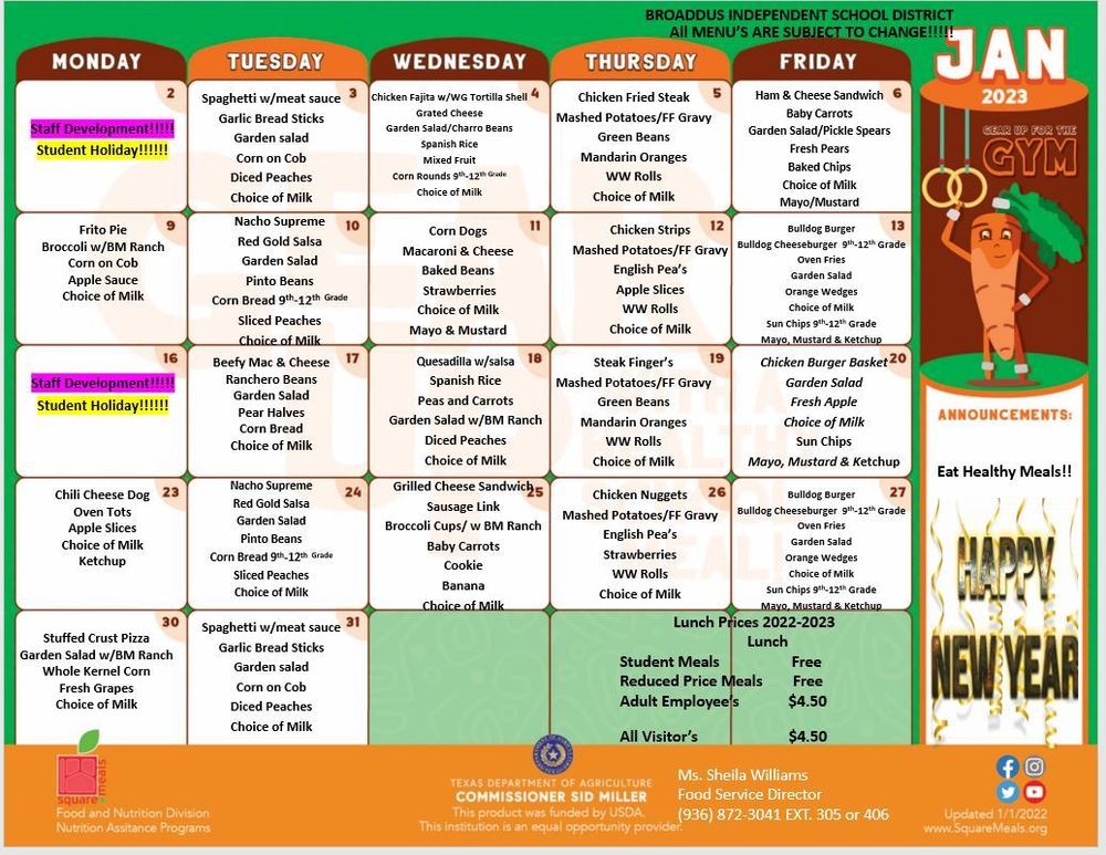 January Menus | Broaddus ISD