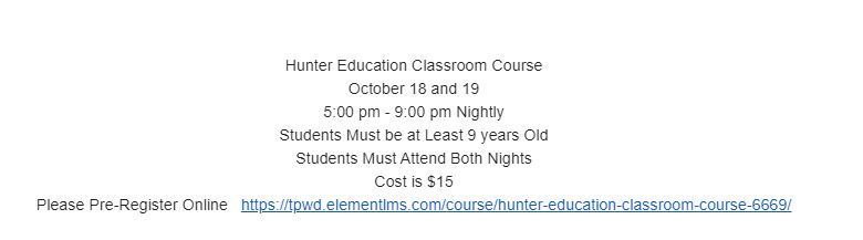 Hunter Education Classroom Course October 18 and 19