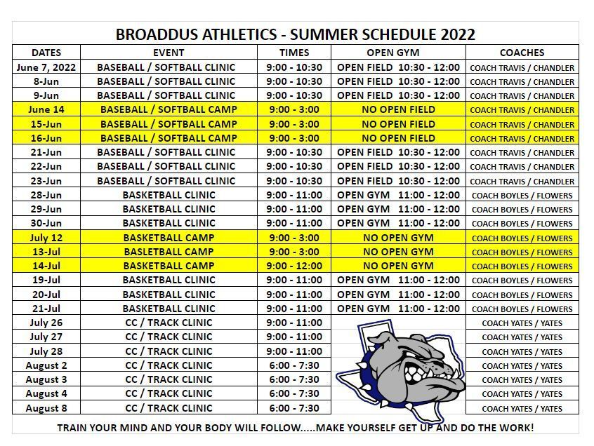 Broaddus Athletics Summer Schedule 2022